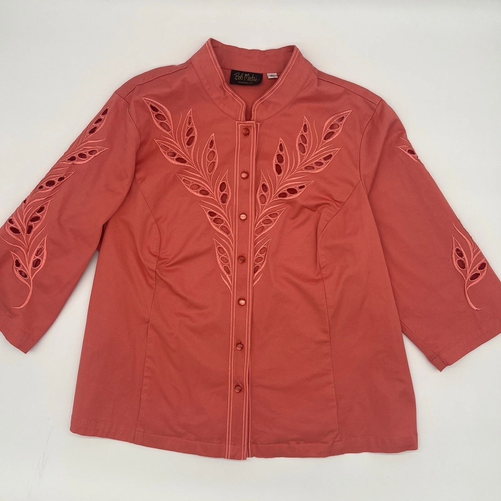 Bob Mackie Pink Button Down Front Cut-Out Embroidery Blouse Mandarin Collar  2X
